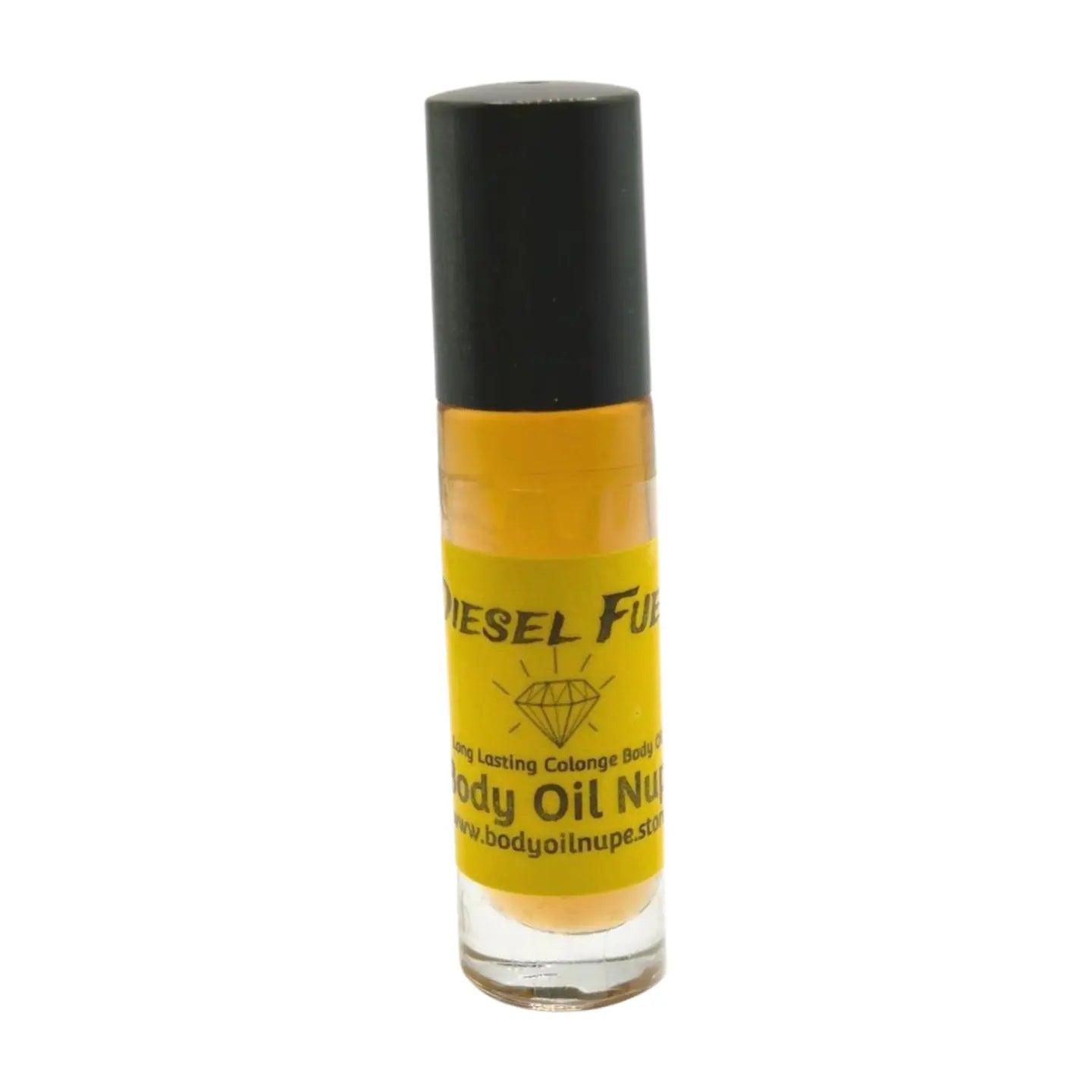 Yellow bottle of Diesel Fuel, masculine scent, body oil  in clear bottle with black cap on a white background 