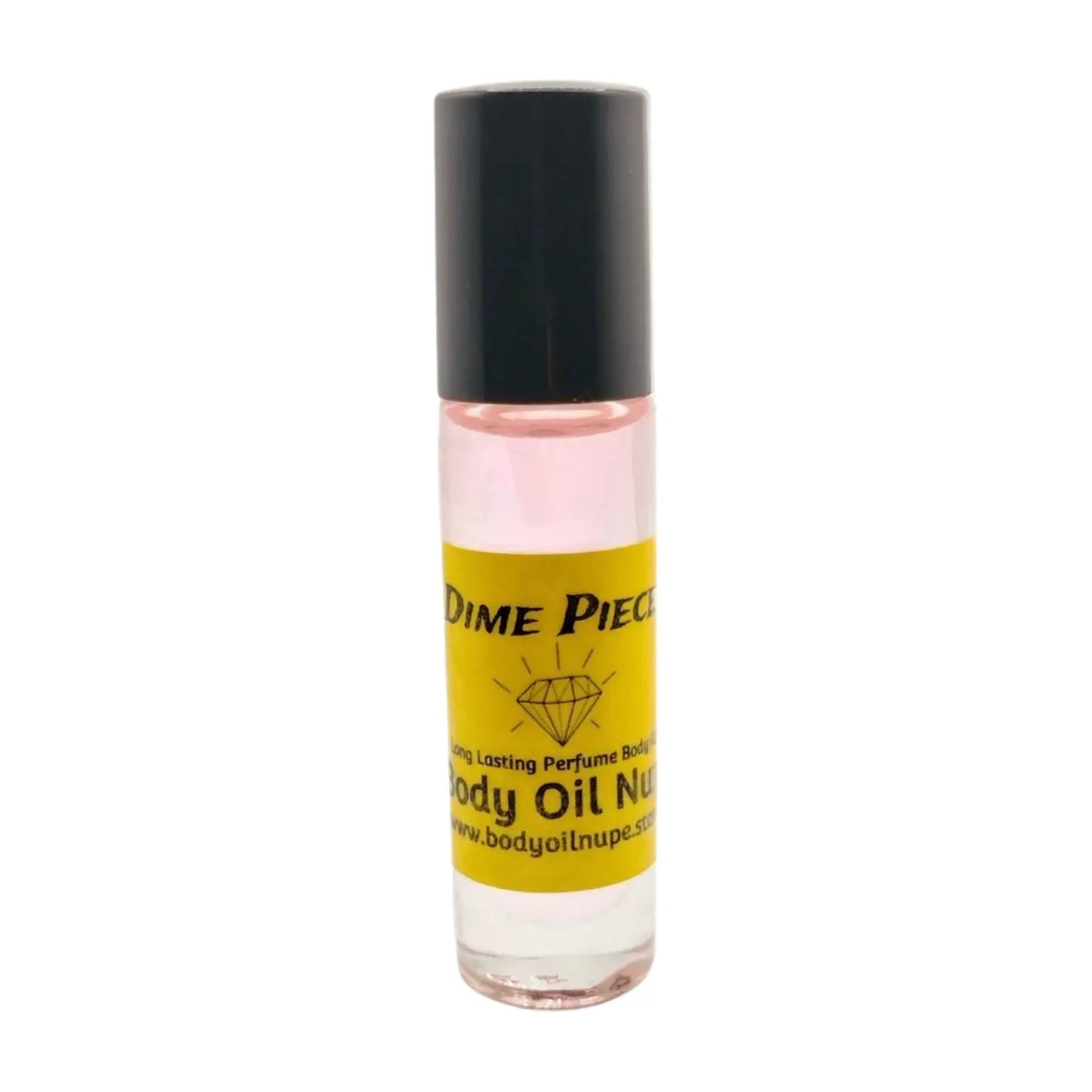 A bottle of Dime Piece body oil by Body Oil Nupe with a soft pink hue and a black cap, labeled for feminine fragrance. Long-lasting fragrance from Body Oil Nupe