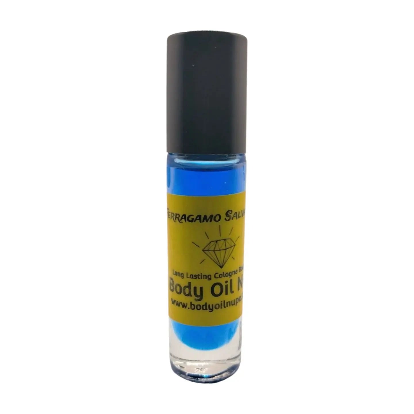 A bottle of Ferragamo Salvatore Men's Body Oil with a bold dark blue label, under a black cap, indicating an elegant and sophisticated fragrance. Long-lasting fragrance from Body Oil Nupe