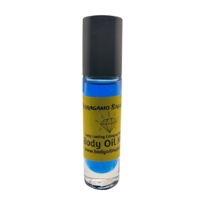 A bottle of Ferragamo Salvatore Men's Body Oil with a bold dark blue label, under a black cap, indicating an elegant and sophisticated fragrance. Long-lasting fragrance from Body Oil Nupe