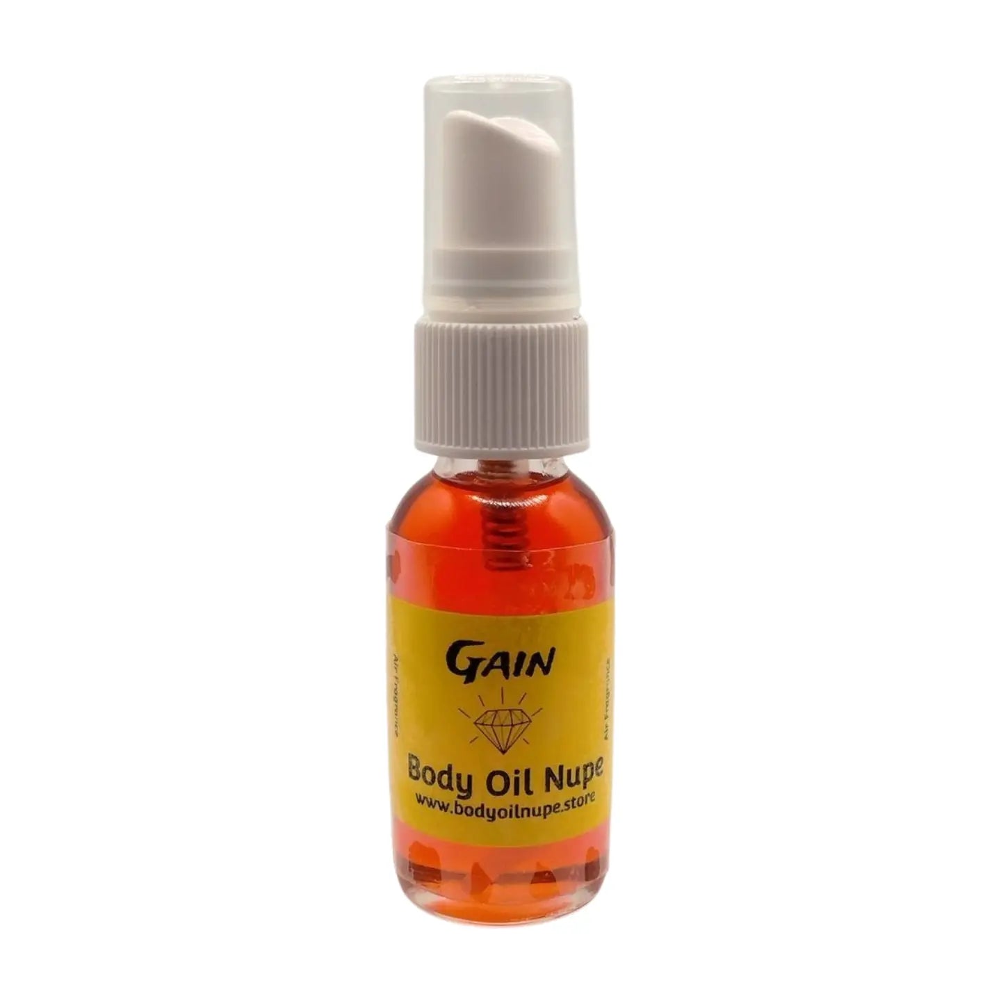 A red spray bottle labeled 'Gain' with a white pump, containing air fragrance oil. Long-lasting fragrance from Body Oil Nupe