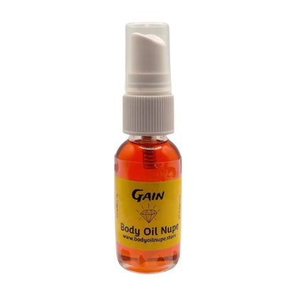 A red spray bottle labeled 'Gain' with a white pump, containing air fragrance oil. Long-lasting fragrance from Body Oil Nupe