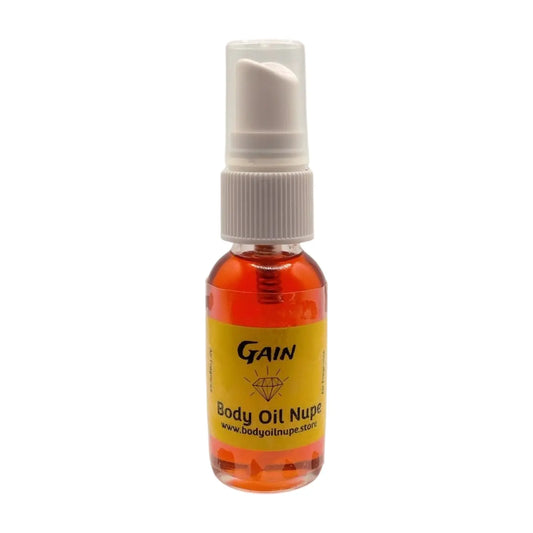 A red spray bottle labeled 'Gain' with a white pump, containing air fragrance oil. Long-lasting fragrance from Body Oil Nupe