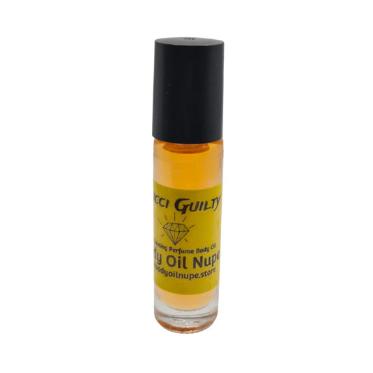 Gucci Guilty Body Oil by Body Oil Nupe, roll-on bottle of body oil with a black cap and yellow label on a white background, orange fragrance oil, long-lasting tropical citrus scent