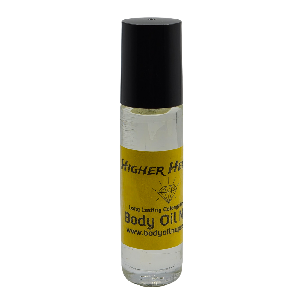 Higher Heights Body Oil by Body Oil Nupe, roll-on bottle of body oil with a black cap and yellow label on a white background, clear fragrance oil, long-lasting fragrance scent