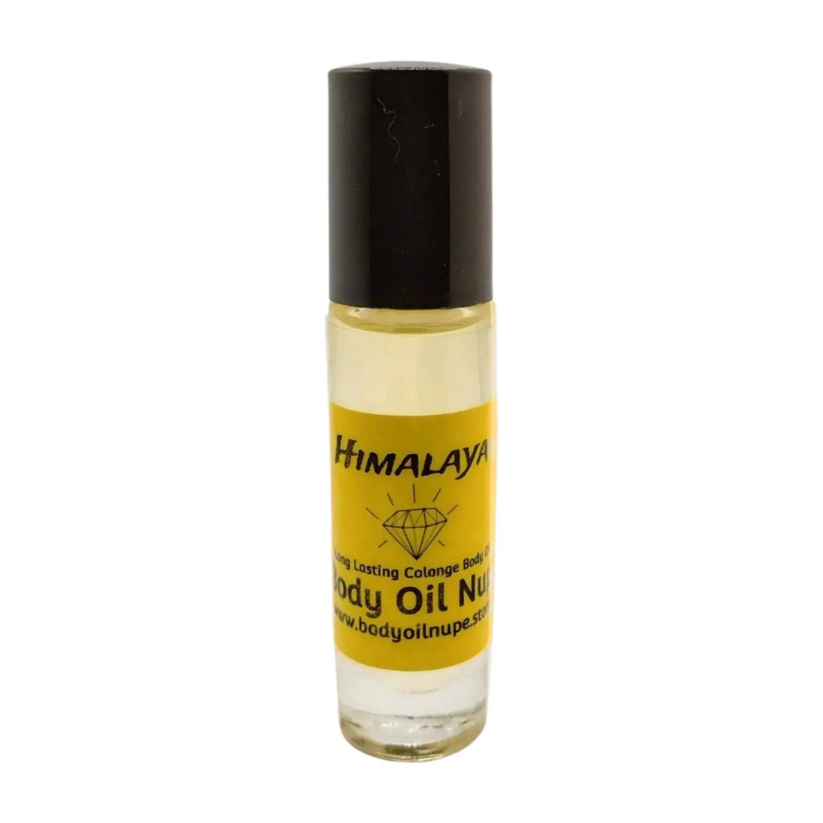 A small, clear glass bottle with a black cap containing a yellow liquid, labeled 'Himalaya Body Oil Nupe. Long-lasting fragrance from Body Oil Nupe