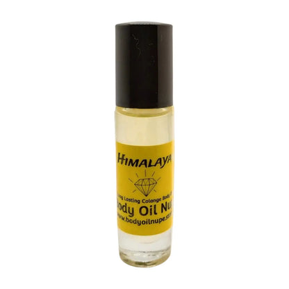A small, clear glass bottle with a black cap containing a yellow liquid, labeled 'Himalaya Body Oil Nupe. Long-lasting fragrance from Body Oil Nupe