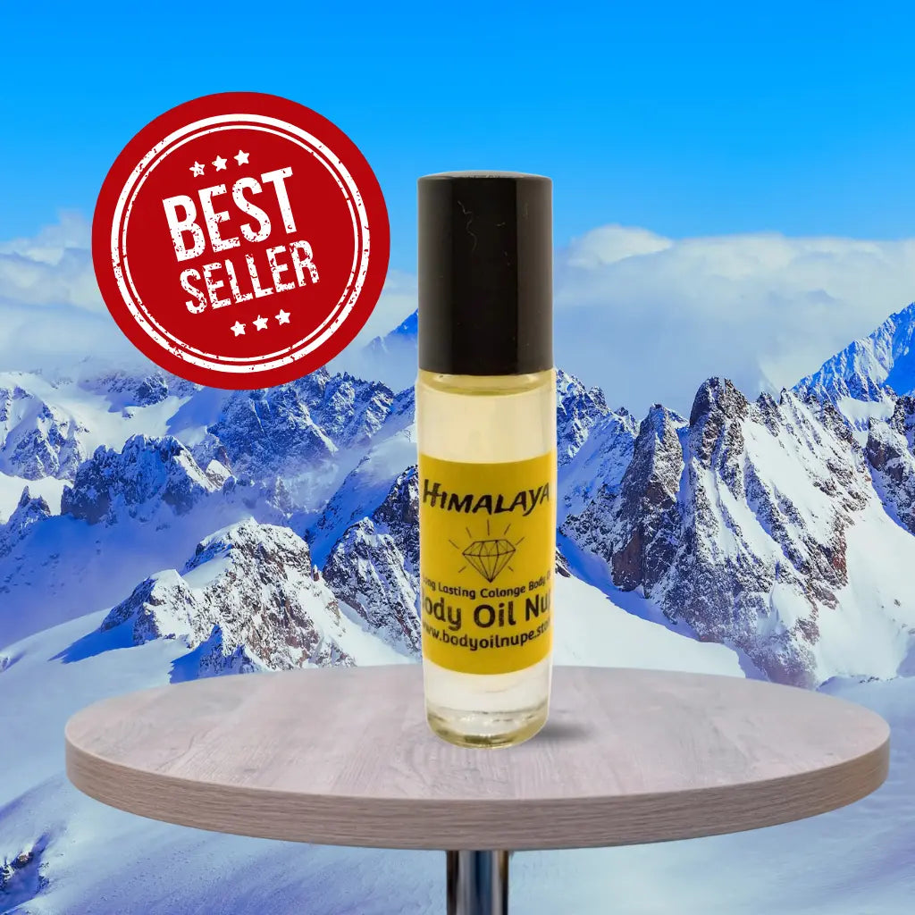 Himalaya light yellow fragrance by Body Oil Nupe on top of wooden table with mountain background. It's a best seller with Best Seller tab from it's long-lasting fragrance. 