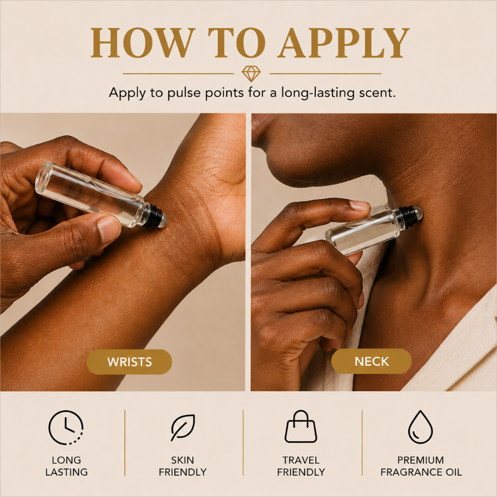 Square instructional graphic showing how to apply Body Oil Nupe roll-on fragrance oil to pulse points on wrists and neck. Features gender-neutral African-American skin tones, clear glass roll-on bottles, long-lasting fragrance, skin-friendly formula, travel-friendly size, and premium fragrance oil benefits on a luxury beige background.