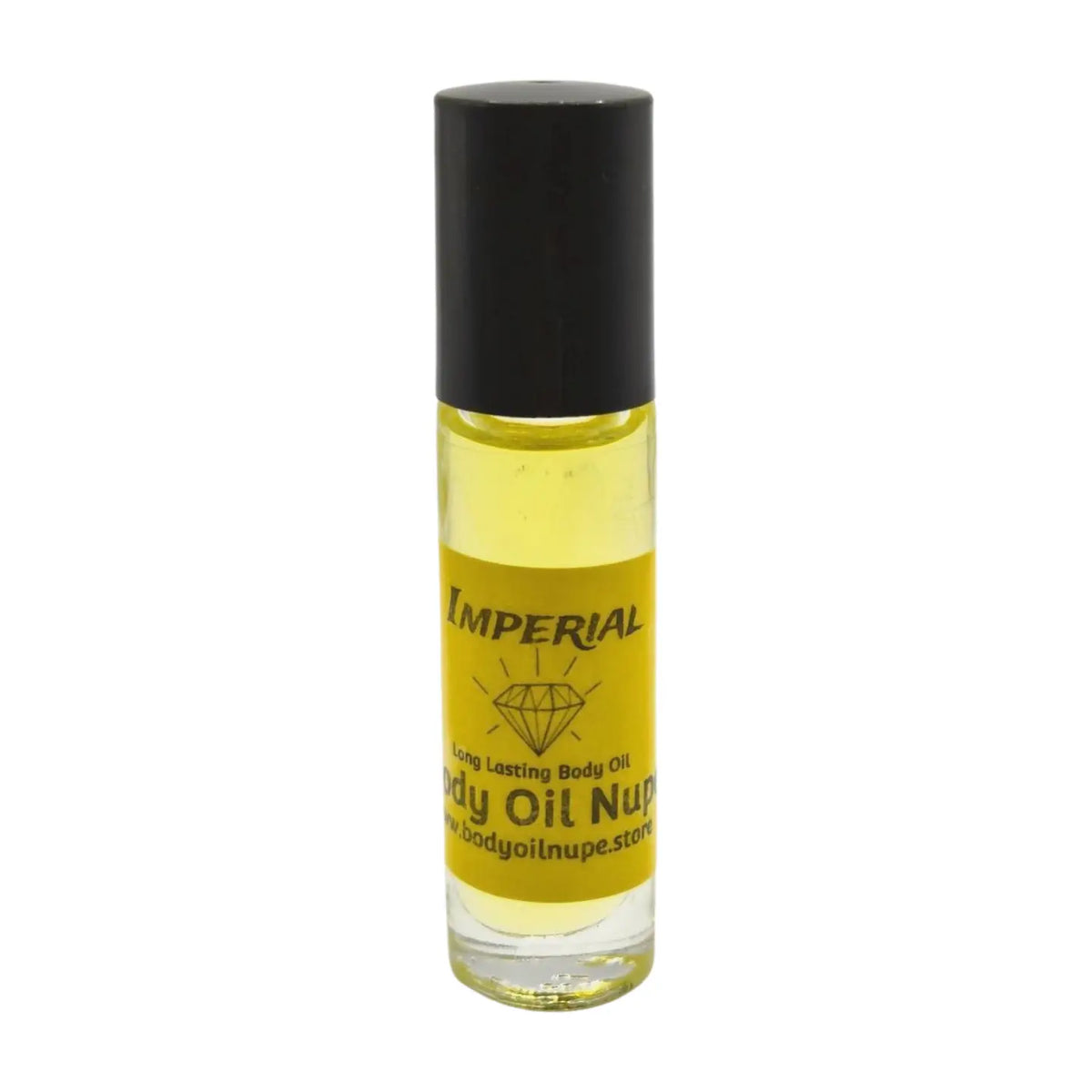 Roll-on bottle of Imperial Body Oil Nupe on a white background, yellow scent in glass bottle