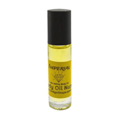 Roll-on bottle of Imperial Body Oil Nupe on a white background, yellow scent in glass bottle