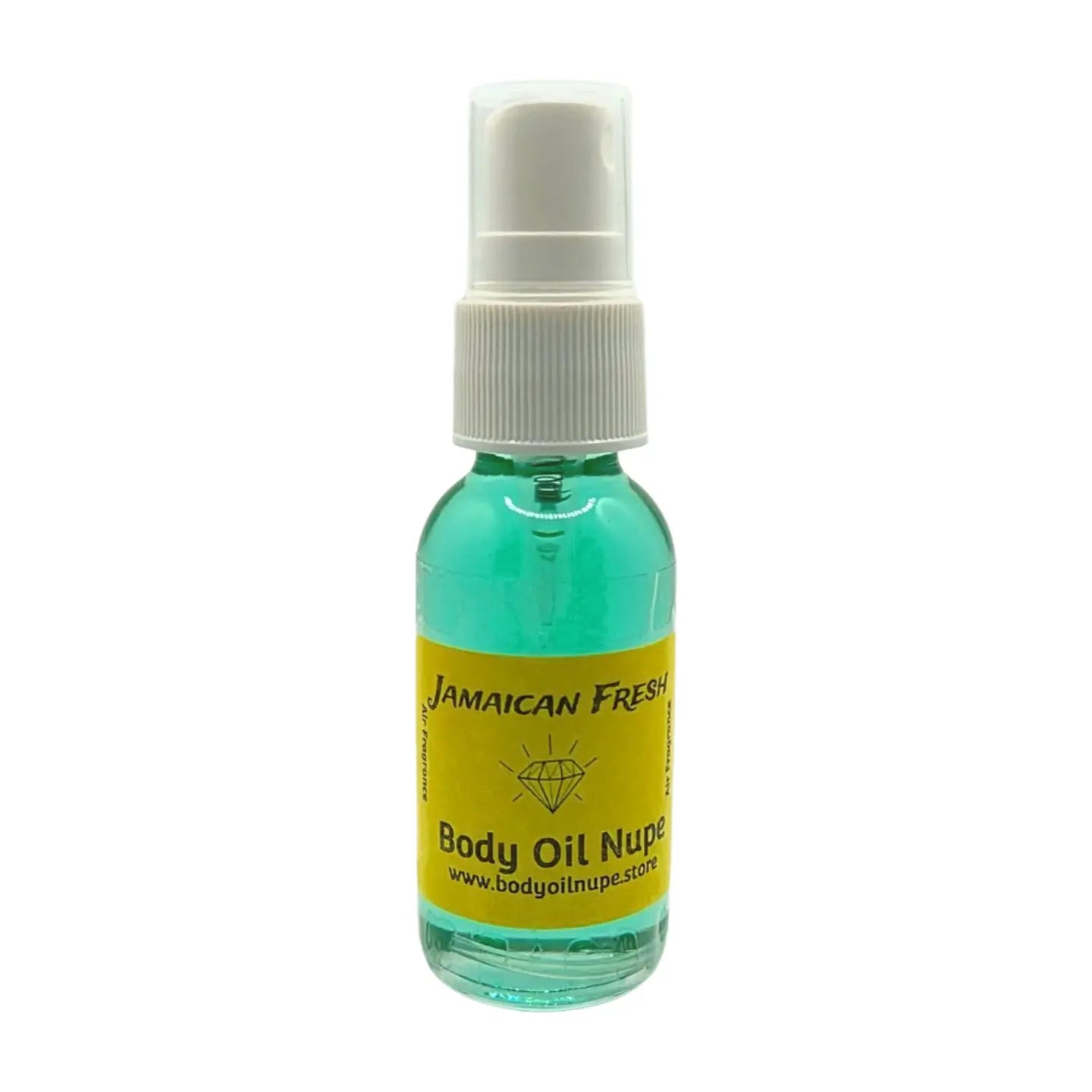 Jamaican Fresh Air Fragrance by Body Oil Nupe, spray bottle with white cap and yellow label on a white background, orange liquid, long-lasting instant tropical scent