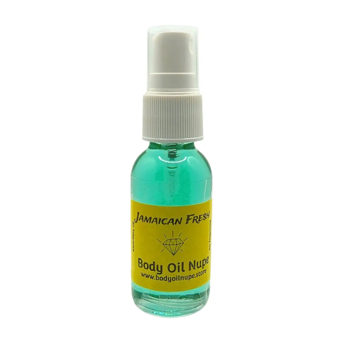 Jamaican Fresh Air Fragrance by Body Oil Nupe, spray bottle with white cap and yellow label on a white background, orange liquid, long-lasting instant tropical scent
