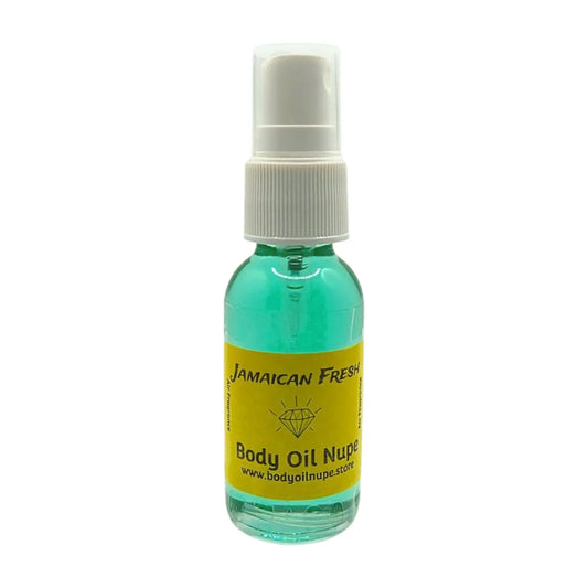 Jamaican Fresh Air Fragrance by Body Oil Nupe, spray bottle with white cap and yellow label on a white background, orange liquid, long-lasting instant tropical scent