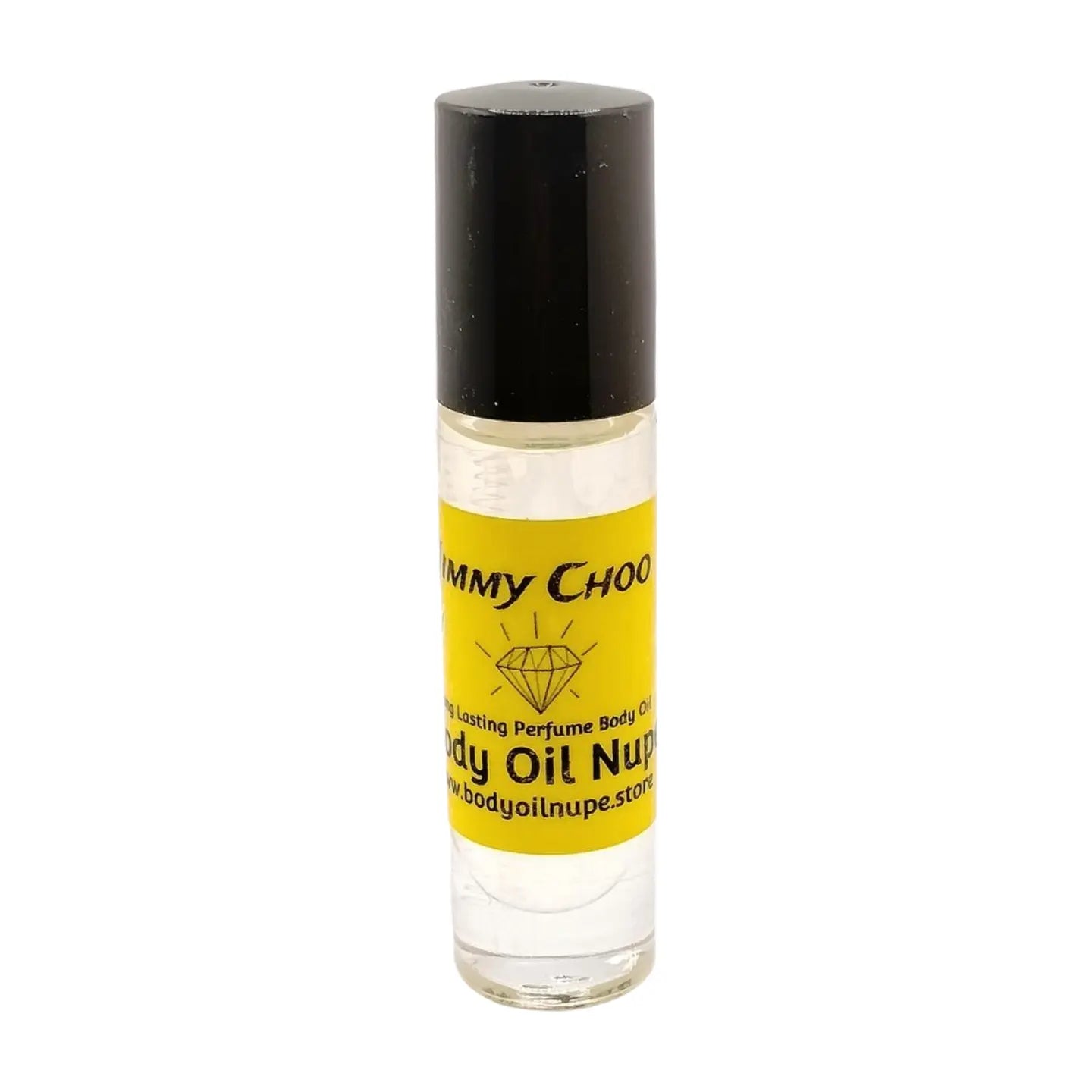 A clear roll-on bottle of Jimmy Choo body oil with a black cap and a yellow label. Long-lasting fragrance from Body Oil Nupe