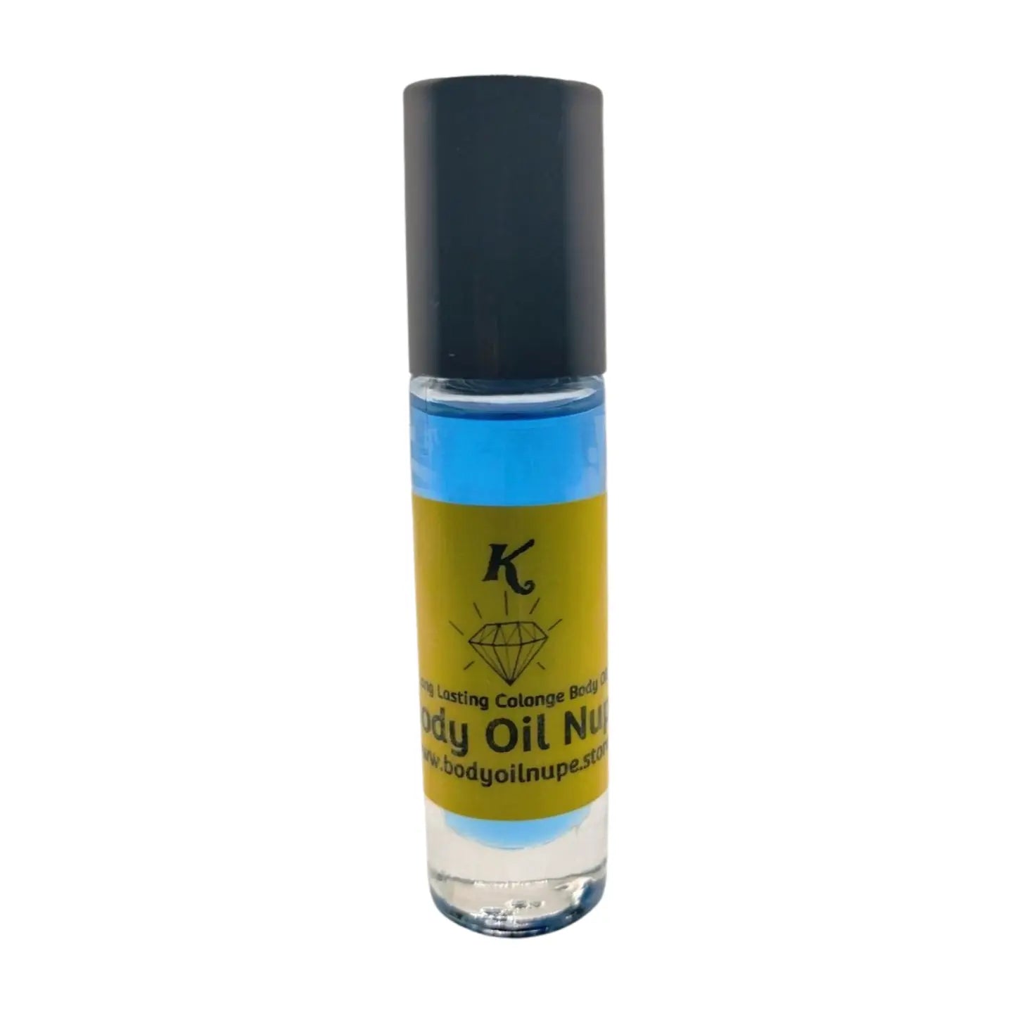 A dark blue bottle of body oil with a black cap and a label with the text 'K by Body Oil Nupe'. Long-lasting fragrance from Body Oil Nupe