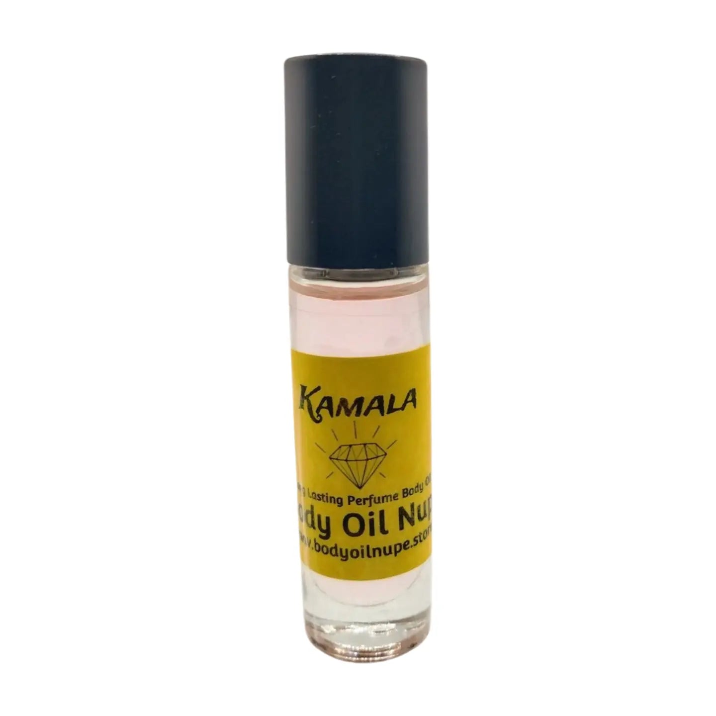 A clear bottle with a black cap containing body oil, labeled 'KAMALA', with a yellow and white design on the label. Long-lasting fragrance from Body Oil Nupe