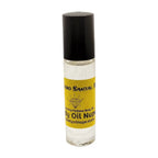 A clear glass bottle with a black cap, labeled as 'Le Labo Santal 33 Body Oil'. Long-lasting fragrance from Body Oil Nupe