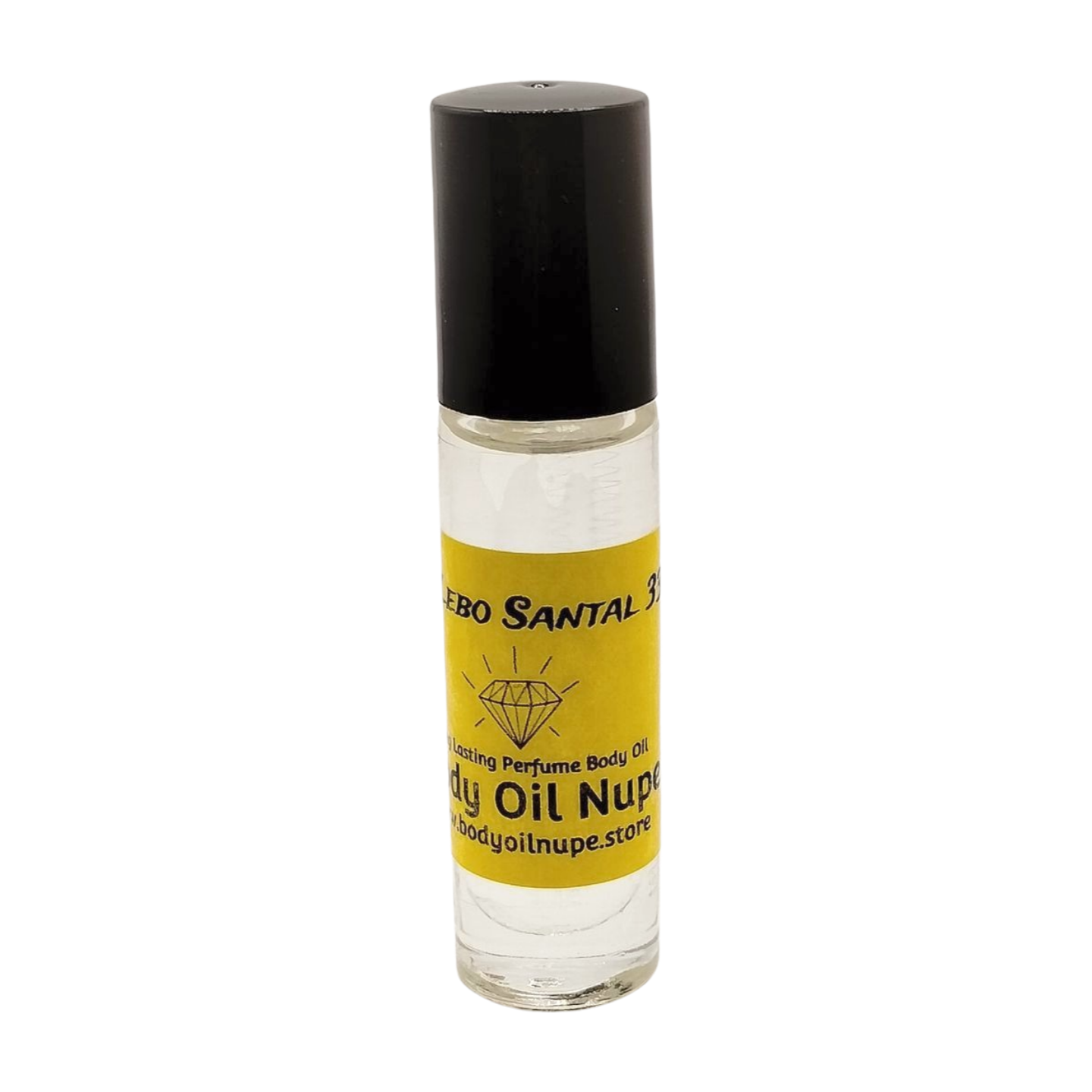 A clear glass bottle with a black cap, labeled as 'Le Labo Santal 33 Body Oil'. Long-lasting fragrance from Body Oil Nupe