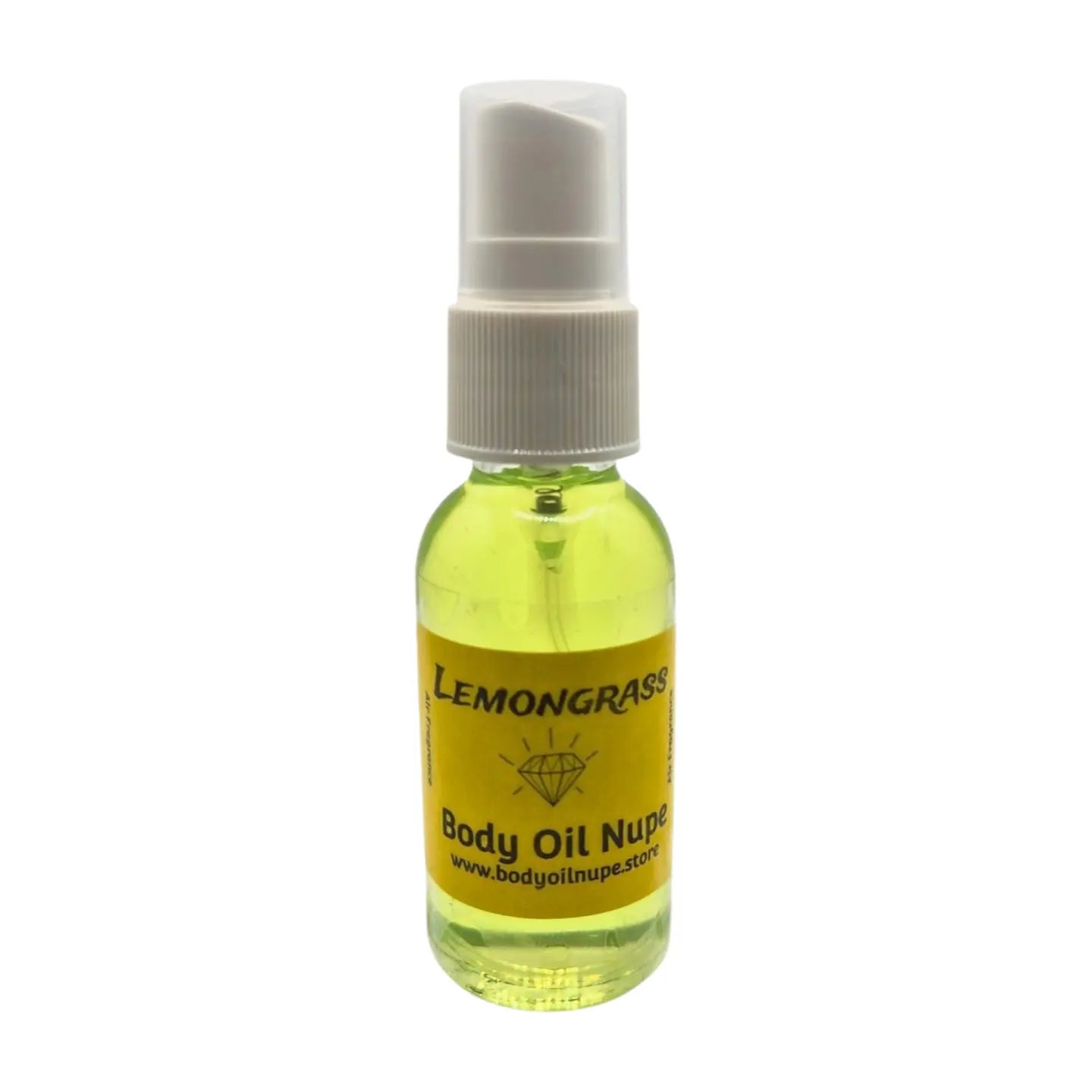 Lemongrass Air Fragrance by Body Oil Nupe, spray bottle with white cap and yellow label on a white background, green liquid, long-lasting sweet lemon scent