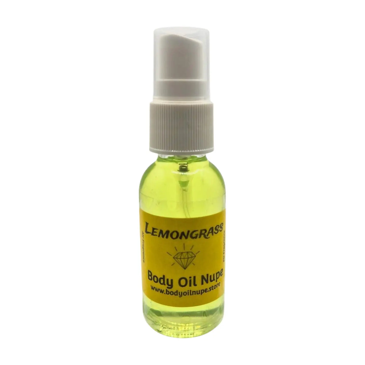 Lemongrass Air Fragrance by Body Oil Nupe, spray bottle with white cap and yellow label on a white background, green liquid, long-lasting sweet lemon scent