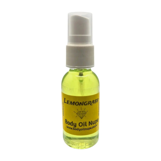 Lemongrass Air Fragrance by Body Oil Nupe, spray bottle with white cap and yellow label on a white background, green liquid, long-lasting sweet lemon scent