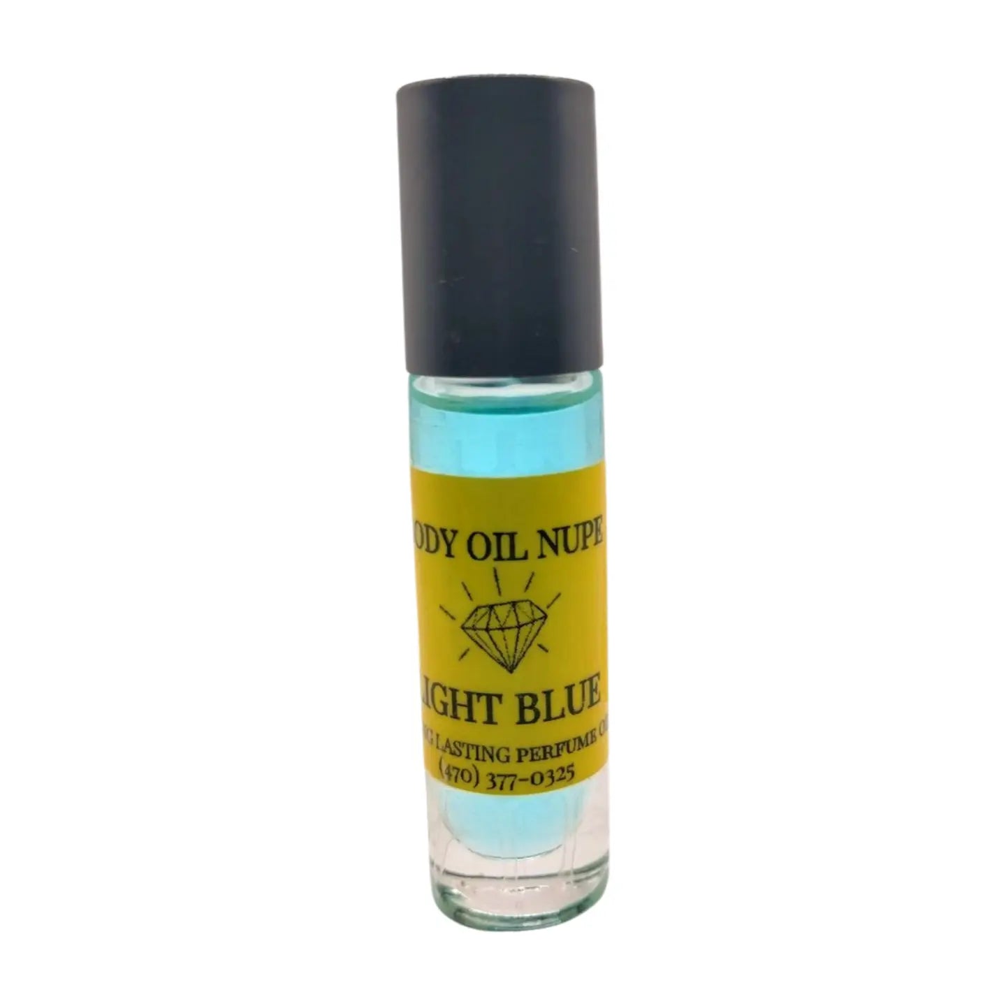 A clear glass bottle with a black cap containing light blue liquid, labeled as 'Body Oil Nupe Light Blue'. Long-lasting fragrance from Body Oil Nupe