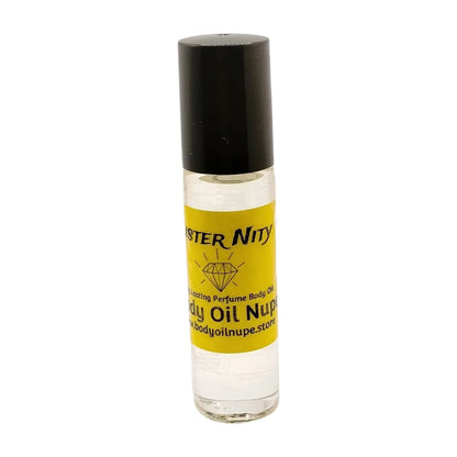 A clear bottle with a black cap labeled 'Lister Nity Body Oil Nupe' on a white background. Long-lasting fragrance from Body Oil Nupe