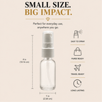 Body Oil Nupe air fragrance spray bottle infographic featuring a compact 4-inch tall and 1-inch wide travel-size spray bottle with easy-to-spray nozzle, purse-ready design, travel-ready portability, and long-lasting fragrance benefits on a beige background with ‘Small Size Big Impact’ text.
