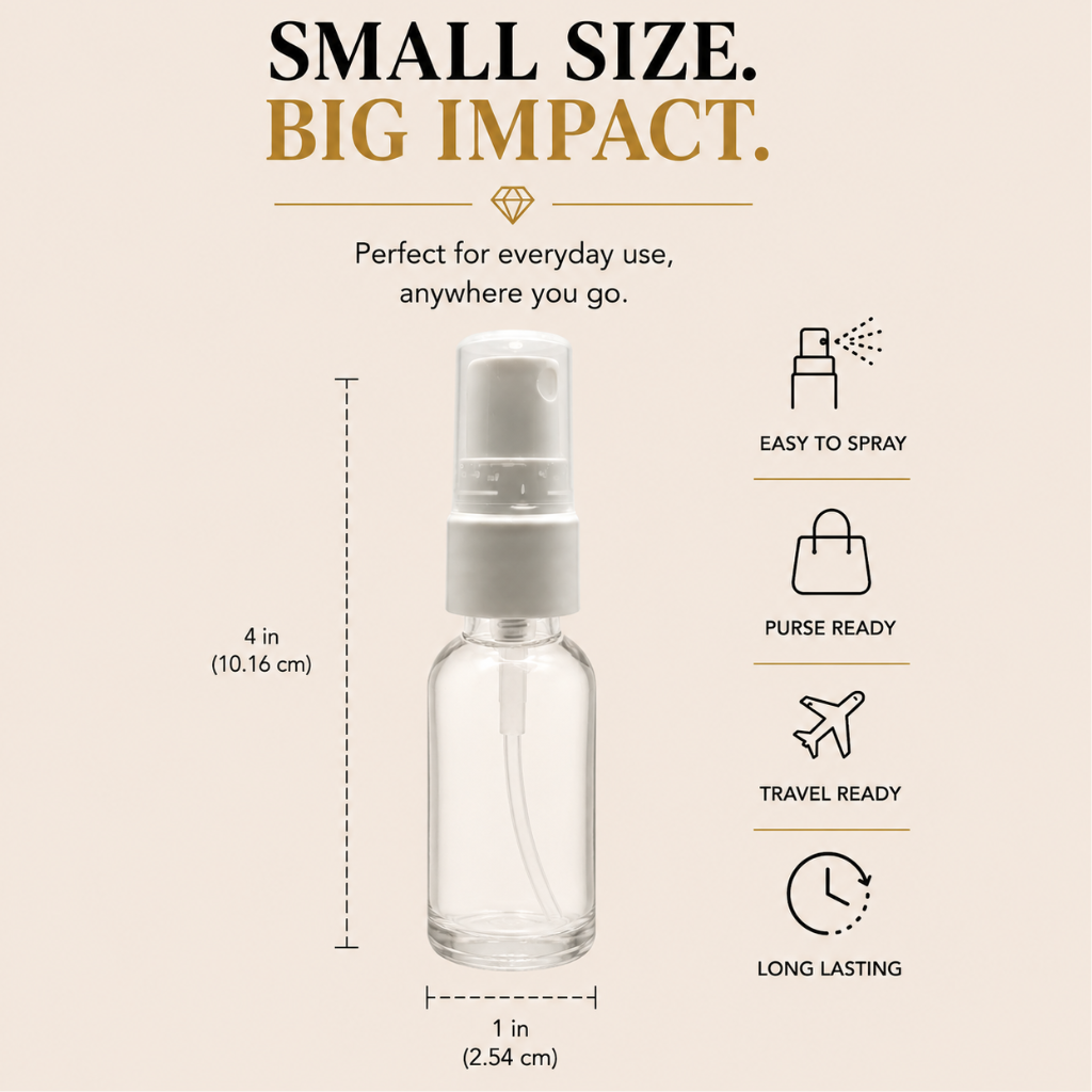 Body Oil Nupe air fragrance spray bottle infographic featuring a compact 4-inch tall and 1-inch wide travel-size spray bottle with easy-to-spray nozzle, purse-ready design, travel-ready portability, and long-lasting fragrance benefits on a beige background with ‘Small Size Big Impact’ text.