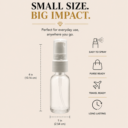 Body Oil Nupe air fragrance spray bottle infographic featuring a compact 4-inch tall and 1-inch wide travel-size spray bottle with easy-to-spray nozzle, purse-ready design, travel-ready portability, and long-lasting fragrance benefits on a beige background with ‘Small Size Big Impact’ text.