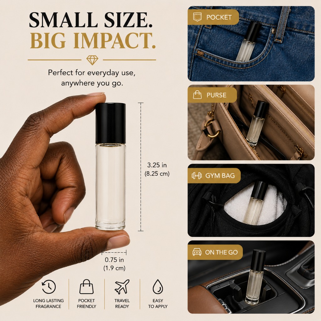 Hand holding a long‑lasting Body Oil Nupe fragrance bottle, showcasing the compact 10ml glass design ideal for travel and everyday use.