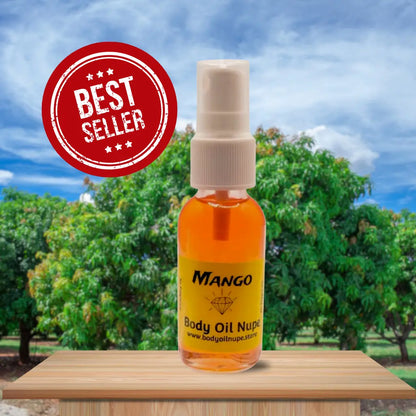 Mango spray air fragrance by Body Oil Nupe. Orange long-lasting mango smelling scent inside of glass bottle with white spray top. Sits on light tan table with Mango trees in the background.