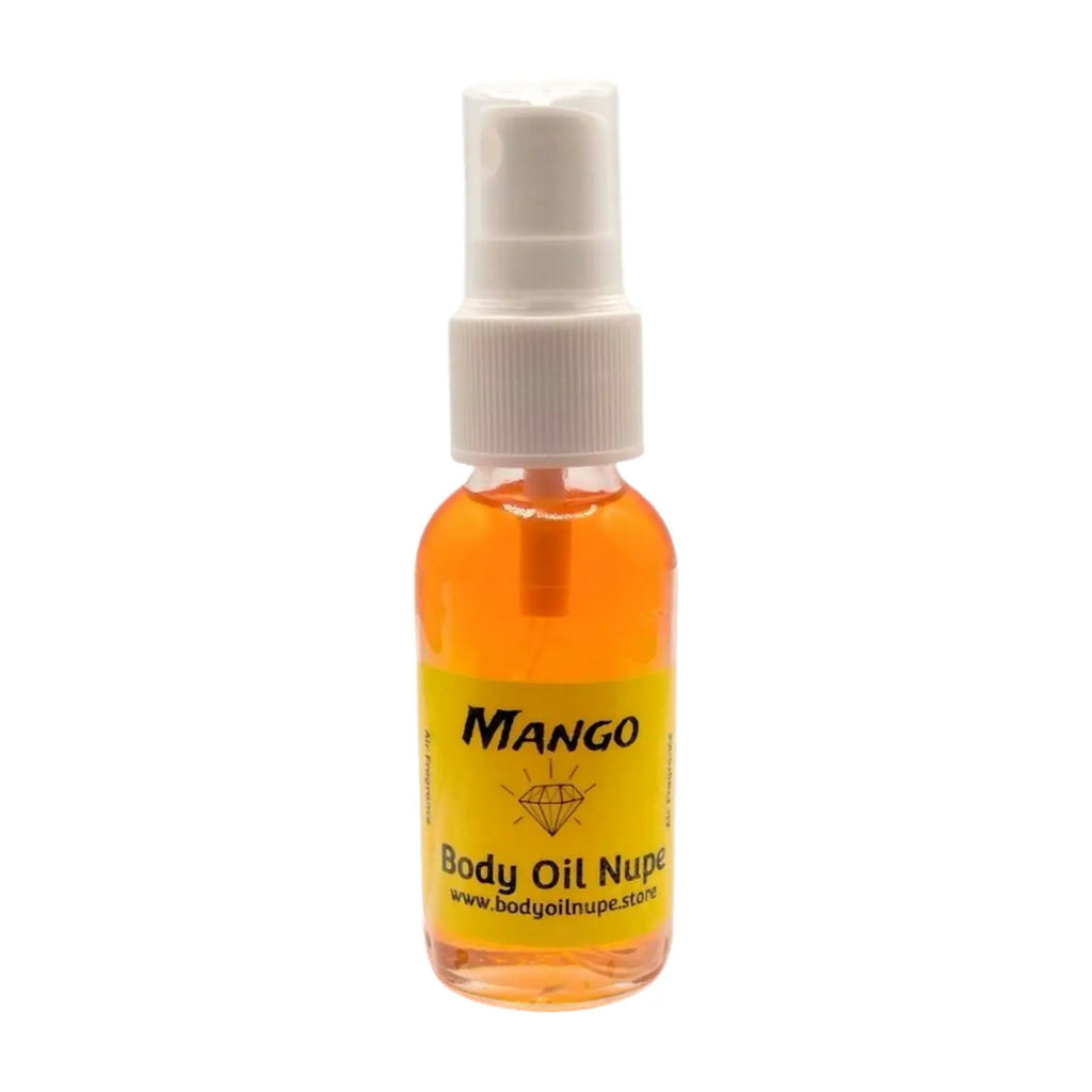 A small spray bottle labeled 'Mango' by Body Oil Nupe with a depiction of a mango, indicating it is a fruity fragrance oil. Long-lasting air fragrance spray