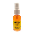 A small spray bottle labeled 'Mango' by Body Oil Nupe with a depiction of a mango, indicating it is a fruity fragrance oil. Long-lasting air fragrance spray