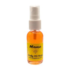 A small spray bottle labeled 'Mango' by Body Oil Nupe with a depiction of a mango, indicating it is a fruity fragrance oil. Long-lasting air fragrance spray