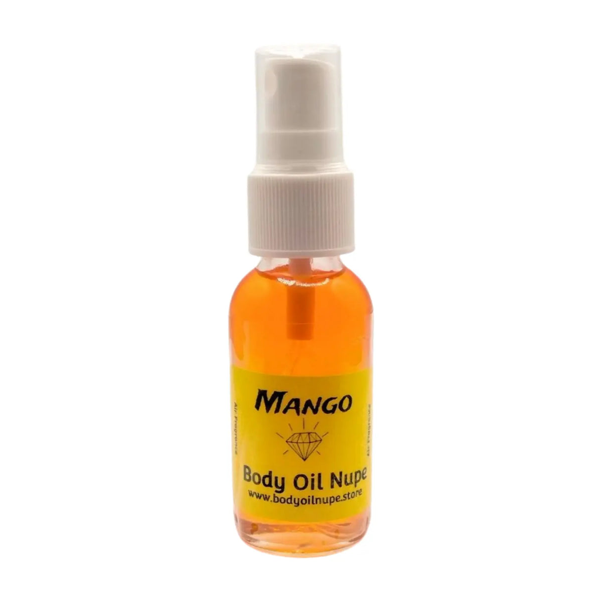 A small spray bottle labeled 'Mango' by Body Oil Nupe with a depiction of a mango, indicating it is a fruity fragrance oil. Long-lasting air fragrance spray