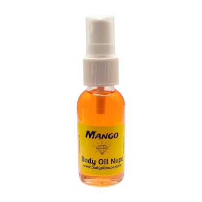 A small spray bottle labeled 'Mango' by Body Oil Nupe with a depiction of a mango, indicating it is a fruity fragrance oil. Long-lasting air fragrance spray
