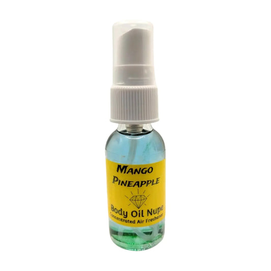 A spray bottle labeled Mango Pineapple Body Oil Nupe, intended as an air freshener. Long-lasting air fragrance 