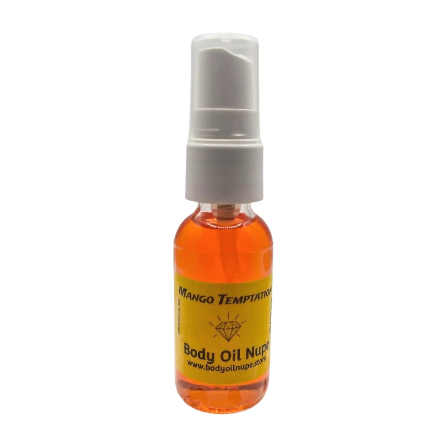 Bottle of Mango Temptation by Body Oil Nupes, in glass spray bottle, on a white background