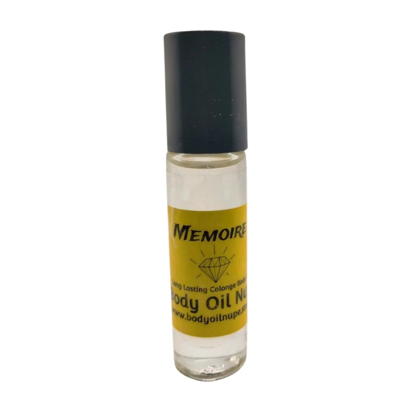 A clear bottle of Memoire body oil with a black cap and a yellow label, displayed against a white background. Yellow clear scent inside of glass bottle 