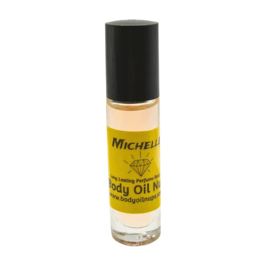 Bottle of Michelle Body Oil Nupe on a white background, of yellow orange fragrance in bottle