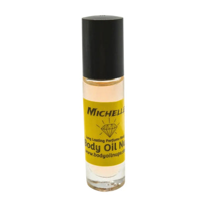Bottle of Michelle Body Oil Nupe on a white background, of yellow orange fragrance in bottle