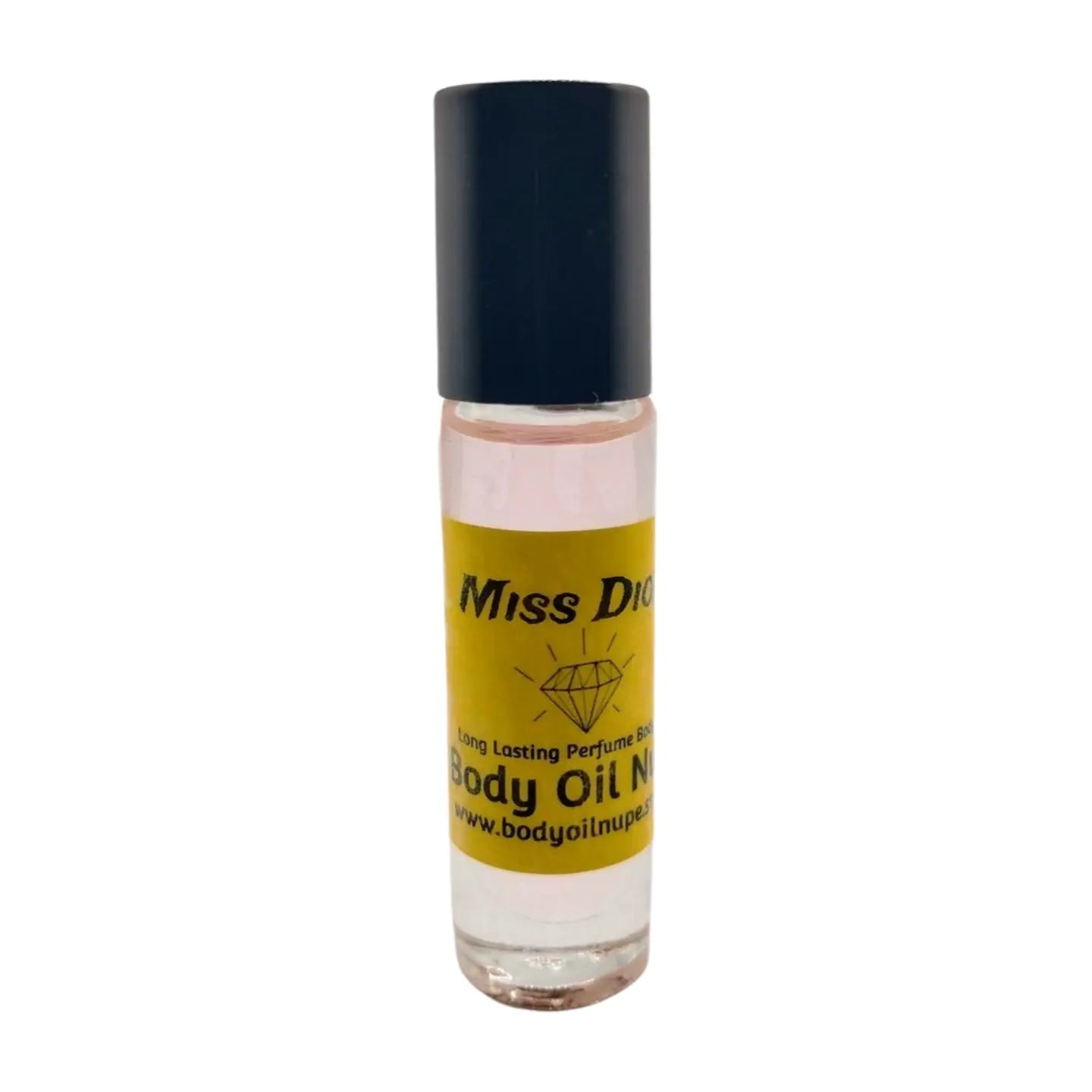 A clear roll-on bottle of Miss Dior body oil with a black cap and a label showing the brand and product name. Pink scent inside of glass bottle