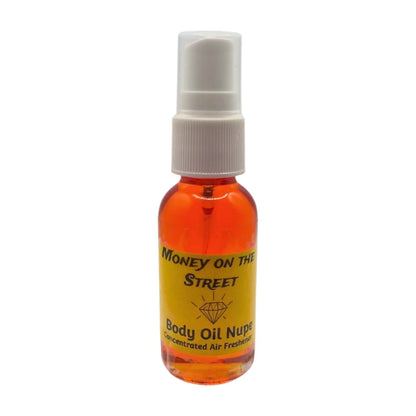 Small bottle of 'Money on the Street' air fragrance with a white spray cap on a white background