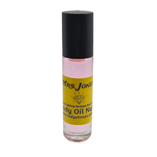 Mrs. Jones Body Oil by Body Oil Nupe, roll-on bottle of body oil with a black cap and yellow label on a white background, pink fragrance oil, long-lasting tropical intimate and romantic scent