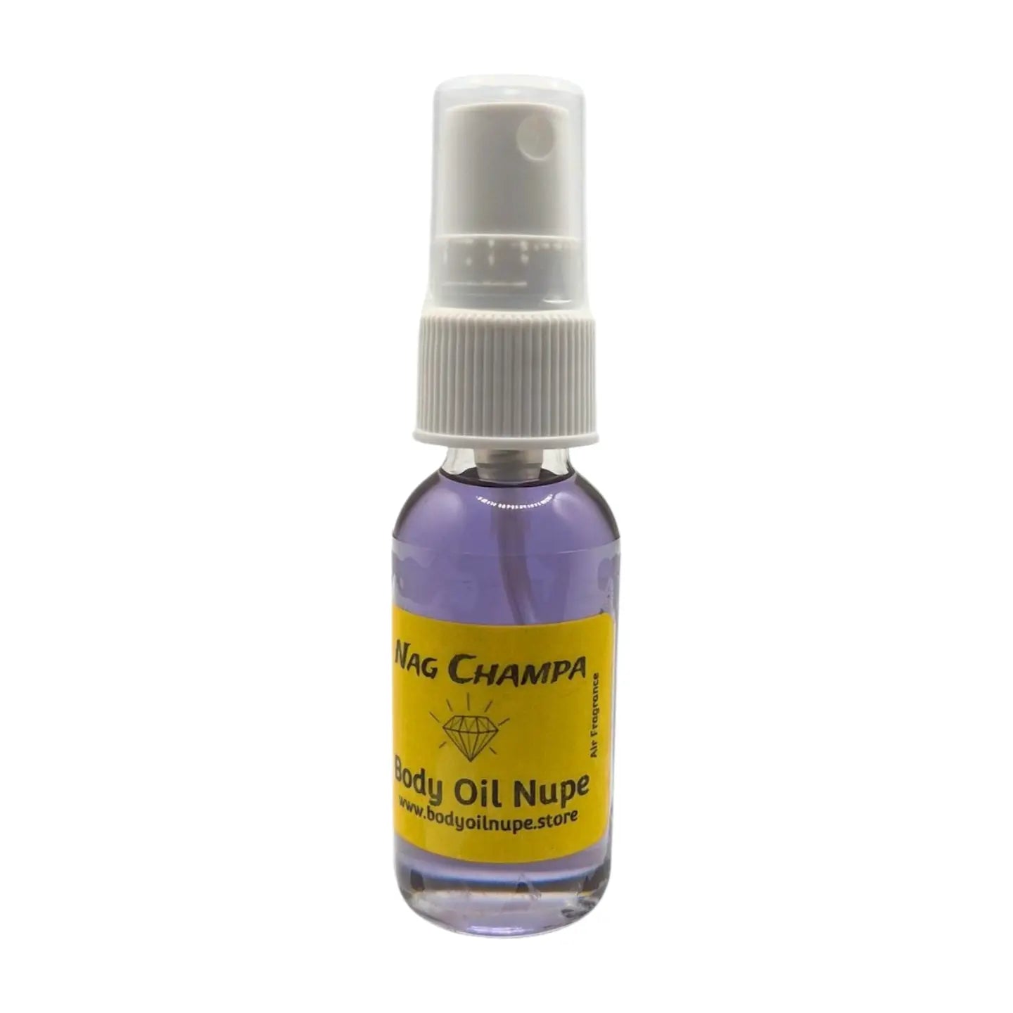Nag Champa Air Fragrance by Body Oil Nupe, spray bottle with white cap and yellow label on a white background, or purple liquid, long-lasting earthly calming scent