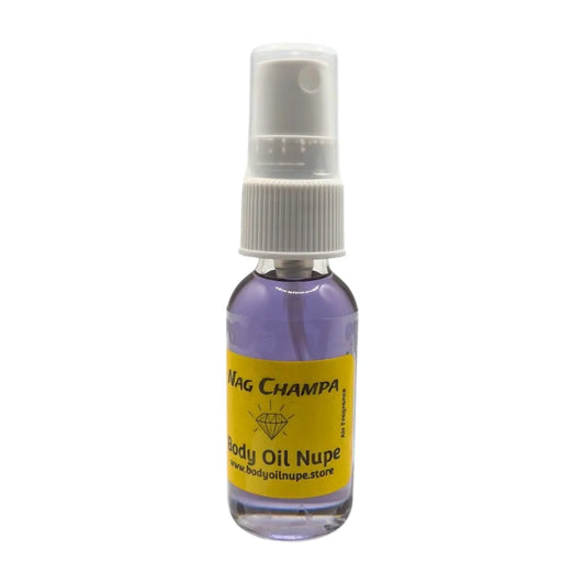 Nag Champa Air Fragrance by Body Oil Nupe, spray bottle with white cap and yellow label on a white background, or purple liquid, long-lasting earthly calming scent