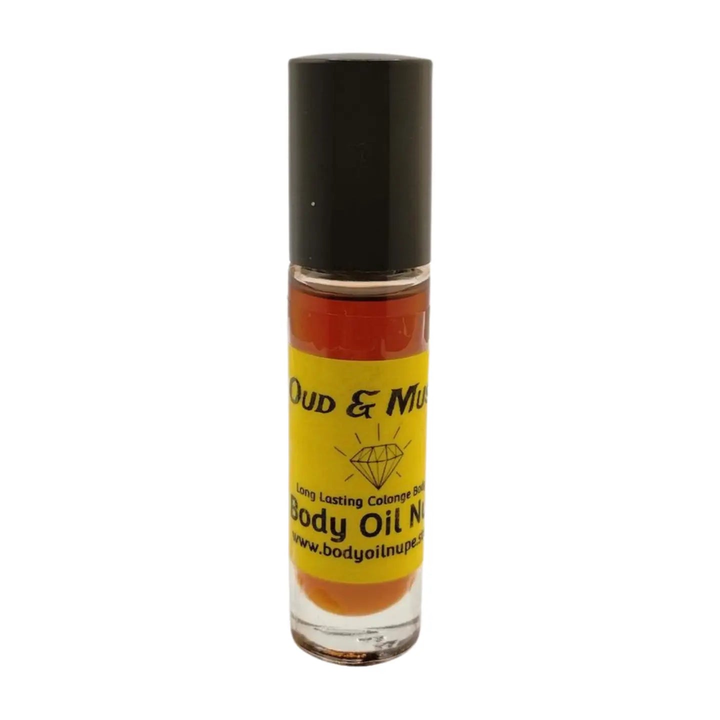 A blackish-red bottle of body oil with a label that reads 'Oud & Music'. Woody red body oil fragrance in roll-on glass bottle with black cap