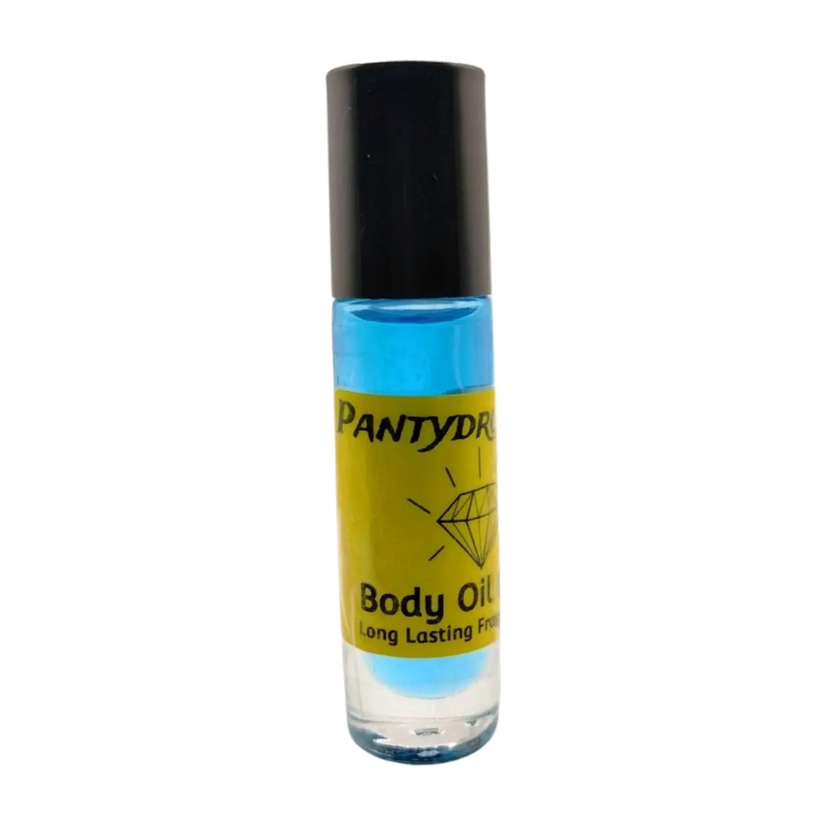 A clear bottle of Body Oil Nupe with a dark blue liquid visible inside, labeled as 'PANTYDRPPER' with additional text 'Long Lasting Fragrance'. The background is white. Long-lasting blue body oil fragrance in glass bottle